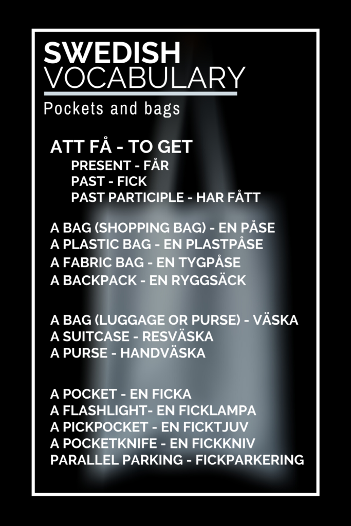 Vocabulary list for words related to pocket in Swedish